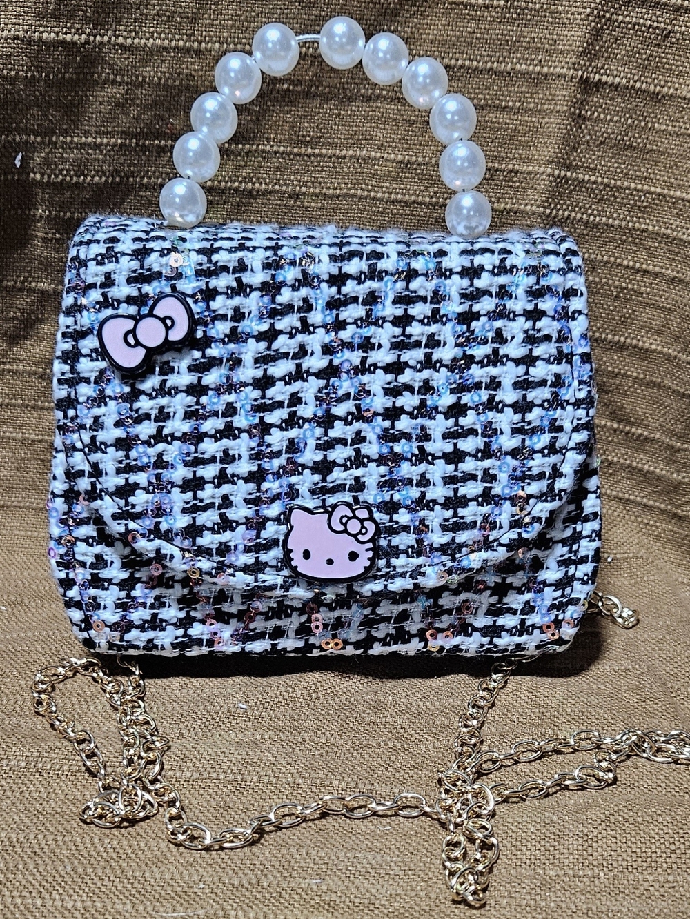 Hello Kitty Tweed Mini Bag in Black, White & Pink with Pearl Handle